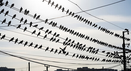 Fototapeta premium Numerous birds perched on power lines against a pale sky on transparent background