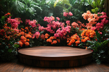 Fototapeta premium 3D Display Scene Surrounded by Exotic Flowers and Island Foliage