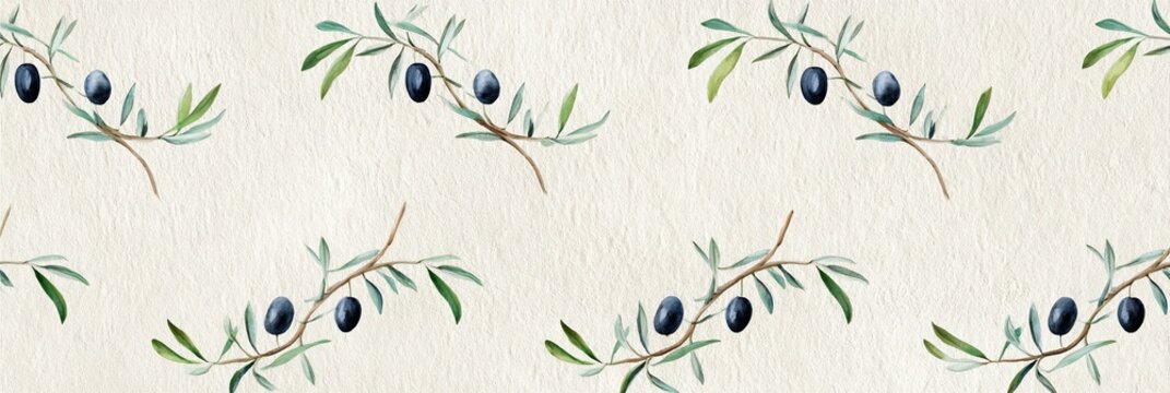 Delicate repeating pattern of olive branches with green leaves and dark olives on a textured light background, suitable for various design applications