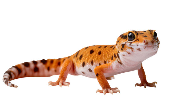 Orange leopard gecko with black spots, isolated on transparent background