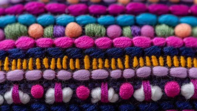 Close-up macro shot of embroidered fabric, colorful threads layered in raised patterns, needlework texture highly defined, subtle shadows forming between stitches, crisp detail and