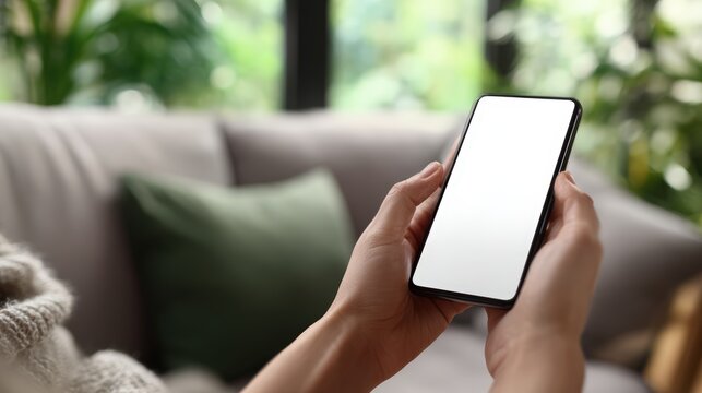 Hands Holding Generic Smartphone Displaying Blank Shopping Interface While Browsing Cozy Sofa