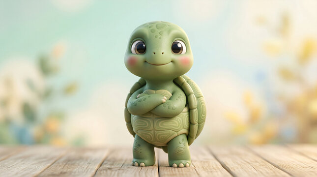 Green turtle on wooden floor