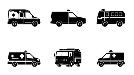 Obraz premium Ambulance, Police Car, Fire Truck, Rescue Vehicle, Patrol Car, Flat Black, Crisp Vector