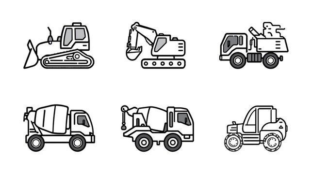 Excavator, Mixer, Tractor, Dump Truck, Loader, Vector Illustrations, Minimalist Design