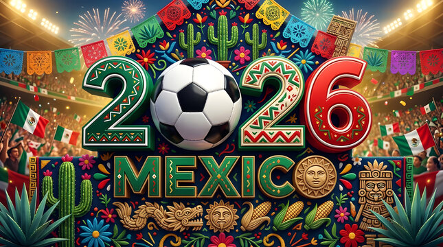 2026 FIFA World Cup Mexico Celebration with Soccer Ball and Festive Decorations