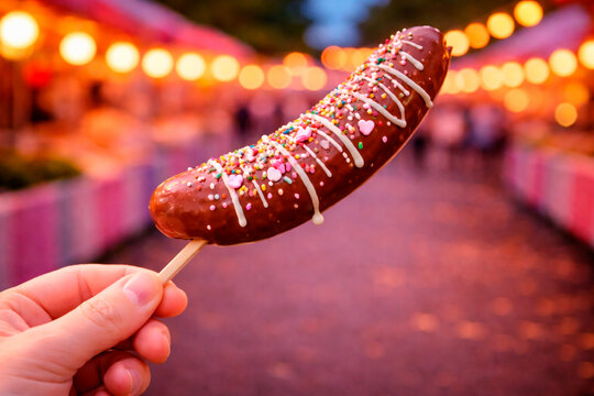 Hand holding a chocolate-covered banana with colorful sprinkles at a Japanese festival
