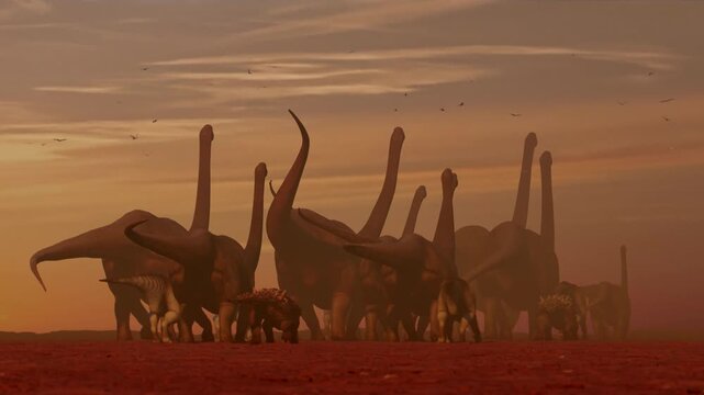 4K, 10-second 3d animation featuring a herd of diverse dinosaurs migrating through a prehistoric landscape at dusk, including Brachiosaurus and Triceratops