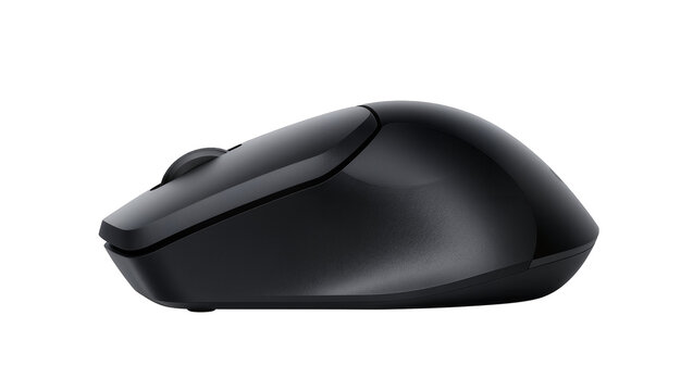 Ergonomic black wireless computer mouse with scroll wheel, isolated on transparent background