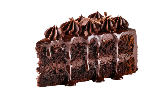 Rich dark chocolate cake slice with fudge frosting and drizzles, isolated on transparent background