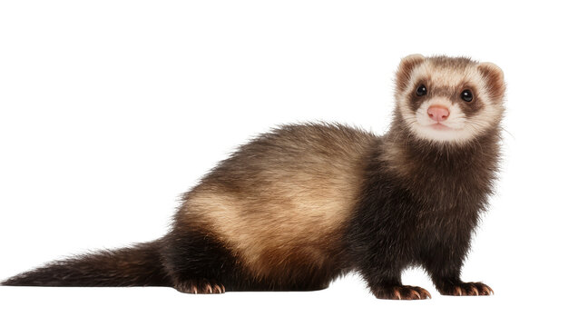 Brown and black ferret with pink nose, isolated on transparent background