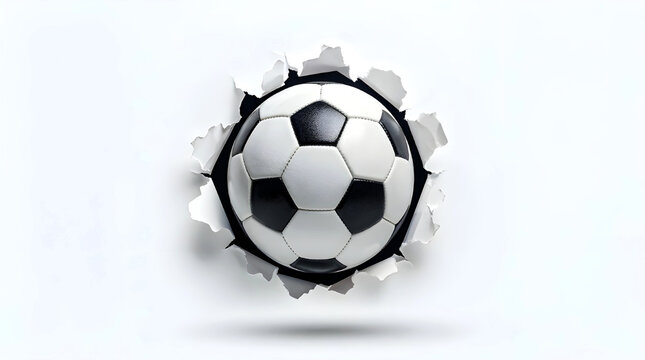 Soccer ball breaks through white background with intense energy and a fantasy style glow