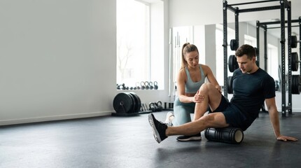 Obraz premium Sports Trainer Assisting Athlete with Foam Roller Self Massage