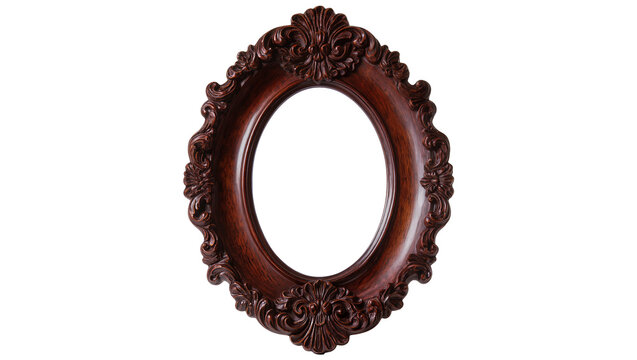 Ornate oval dark brown wooden picture frame with floral carvings, isolated on transparent background