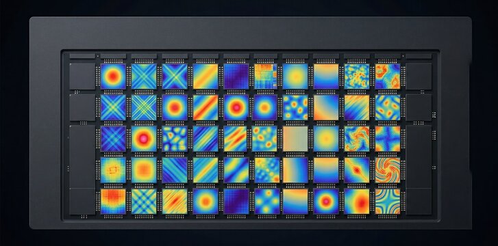 Chiplet array on advanced semiconductor package with colorful thermal maps showcasing parallel computing performance and heat analysis