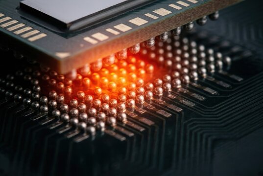 Macro view of semiconductor solder balls under heated chip package emphasizing packaging reliability thermal stress and microelectronics