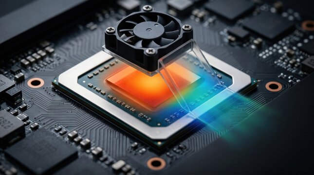Processor with miniature fan and transparent duct over glowing die highlighting active cooling and thermal management in computing