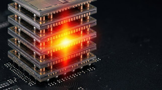 Stacked chiplet package with central hotspot visualizing vertical semiconductor packaging thermal density and high performance computing