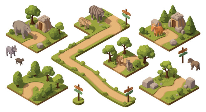 Isometric zoo map elements, 3D vector animal park construction set with paths and enclosures, wild safari park landscape tiles for game design