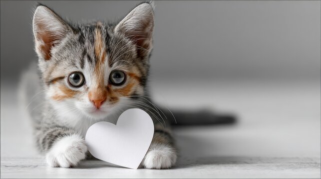 Kitten with Apologetic Eyes Touching Blank Paper Heart on Pastel Gradient Backdrop