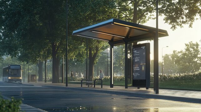 Modern bus shelter with an illuminated digital information display panel stands on a quiet urban street at sunrise as a public transport vehicle arrives to pick up waiting city passengers