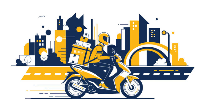 Modern delivery service illustration with cityscape and streamlined motorcycle courier