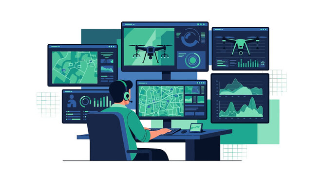 Modern drone operation center illustration with operator monitoring data and information using