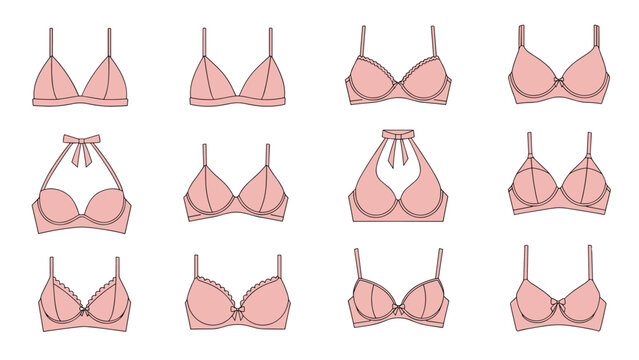 Collection of various women bra styles in pink colors as flat vector illustrations for fashion lingerie and apparel design catalogs.