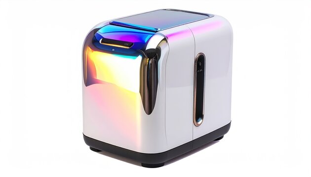 White, futuristic, boxy appliance with iridescent chrome accents. Black base, isolated on white
