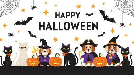 Fototapeta premium Happy Halloween greeting banner with cute pets in costumes including dogs and cats alongside bats, spiders, and pumpkins.