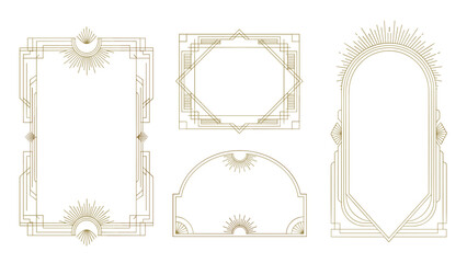 Obraz premium Collection of golden art deco frames and borders with geometric patterns and sunburst elements for elegant design projects.