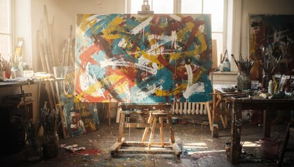 Obraz premium Large Dynamic Abstract Painting on an Easel in a Sun-Drenched Artist Studio Featuring Expressive Splashes of Color and Representing Transformation Empowerment and the Boundless Energy of Creativity.