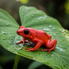 Obraz premium Vibrant Red Poison Dart Frog on Lush Green Leaf.