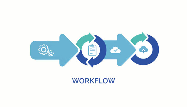Workflow process illustration with icons representing stages and steps in a clear and organized visual flow
