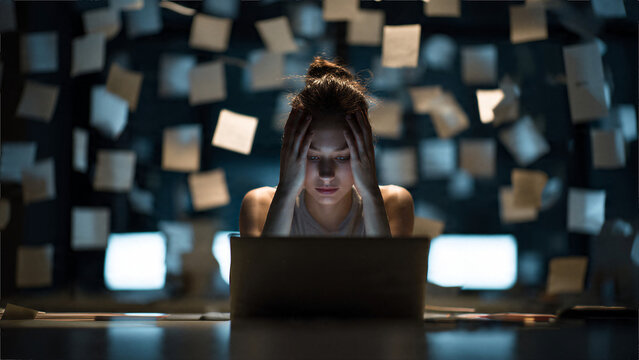 Woman overwhelmed by multiple digital notifications on screens representing digital fatigue information overload and stress from technology use