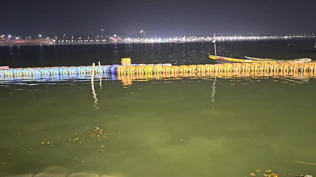 Night View of Sangam Riverfront in Prayagraj, Uttar Pradesh, India, Illuminated Waterfront at Triveni Sangam, Ganga River, Pilgrimage Tourism
