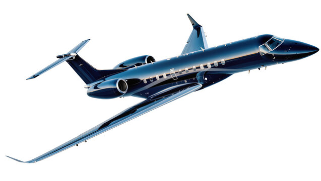 Sleek dark blue private jet airplane with polished metallic finish, isolated on transparent background