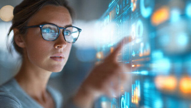 Professional woman interacting with digital screen interface in modern office representing business technology and data interaction