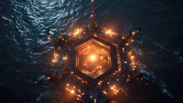 Illuminated Structure in Ocean: A mesmerizing aerial view showcases a futuristic, metallic structure ablaze with vibrant lights, majestically set within the depths of the ocean.