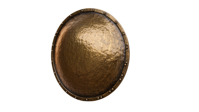 Hammered bronze round shield with riveted metal rim, isolated on transparent background