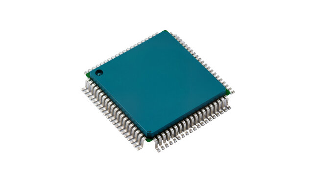 Teal integrated circuit chip with many metal pins, isolated on transparent background