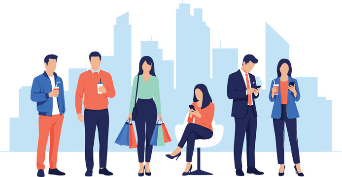Diverse group of six people with shopping bags and smartphones standing in front of a stylized city skyline, representing urban lifestyle and consumerism.