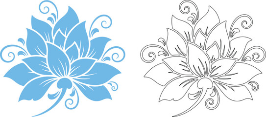 Fototapeta premium Blue floral swirl and black outline white flower
