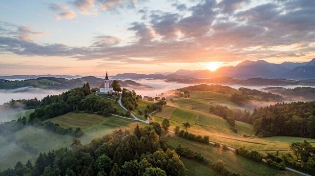 Scenic Saint Thomas church on green hill in Slovenia at sunrise
