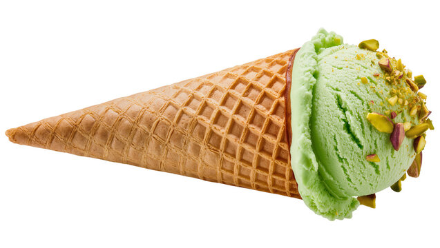 Green pistachio ice cream scoop in waffle cone, isolated on transparent background
