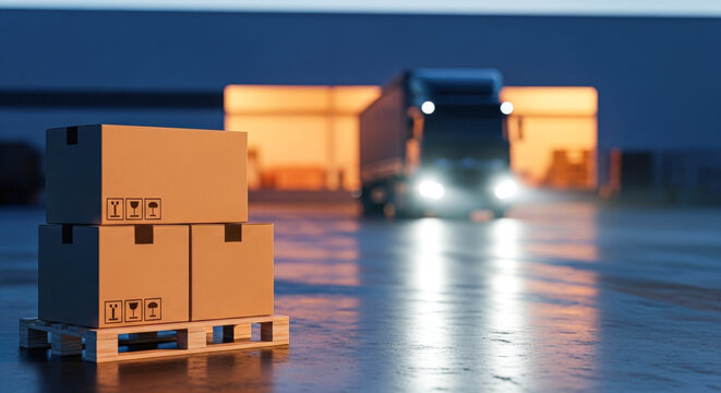 A blurred view of a freight truck loaded with parcels on wooden pallets at sunset in a modern warehouse in the logistics and transportation industry, ready for shipment.