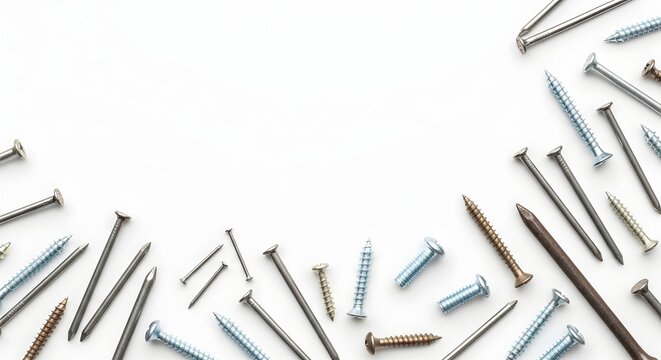 Assorted metal screws and bolts collection scattered on bright studio background with sharp focus
