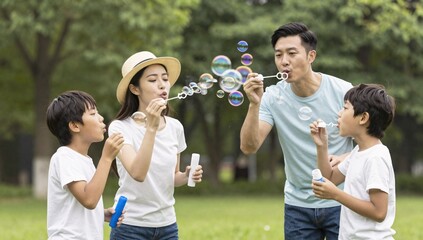 Fototapeta premium Asian family enjoying time together blowing bubbles in park on a sunny day