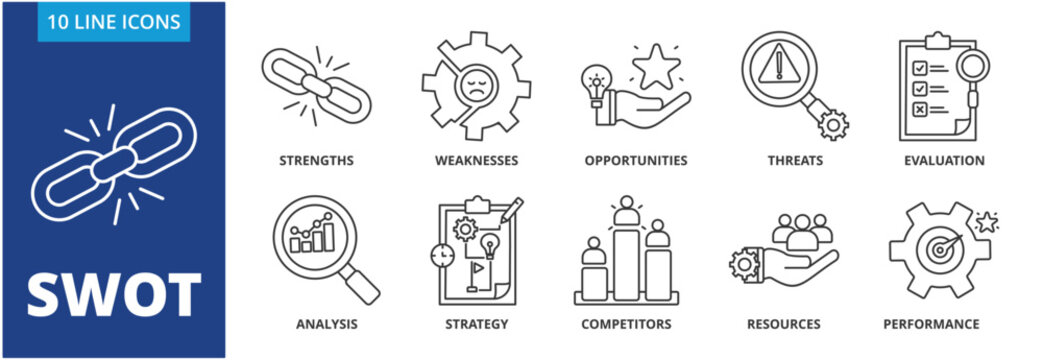 SWOT icon set collection in outline style. Containing Strengths, Weaknesses, Opportunities, Threats, Analysis, Strategy, Evaluation, Competitors, Resources, performance.