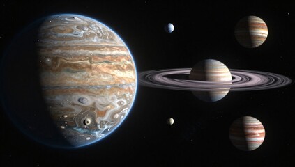 Fototapeta premium Gas giants in space with vibrant bands of color floating among the stars